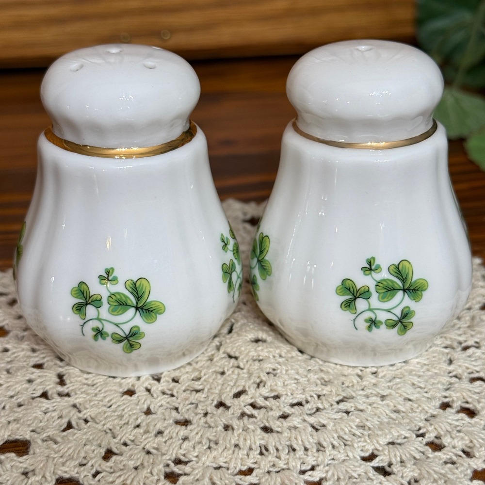 Erin China Salt and Pepper Shakers White Excellent Shamrock Gold Trim